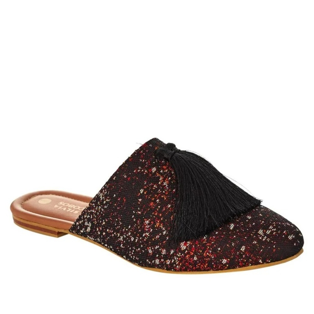 Silvia Cobos Fringed Tassel Print Black Mules